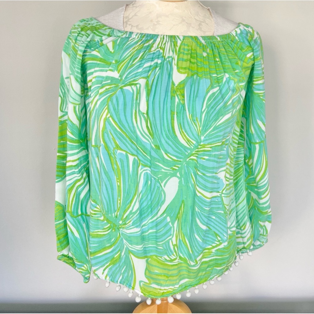 Lilly Pulitzer Enna Off Shoulder Long Sleeve Top Green White